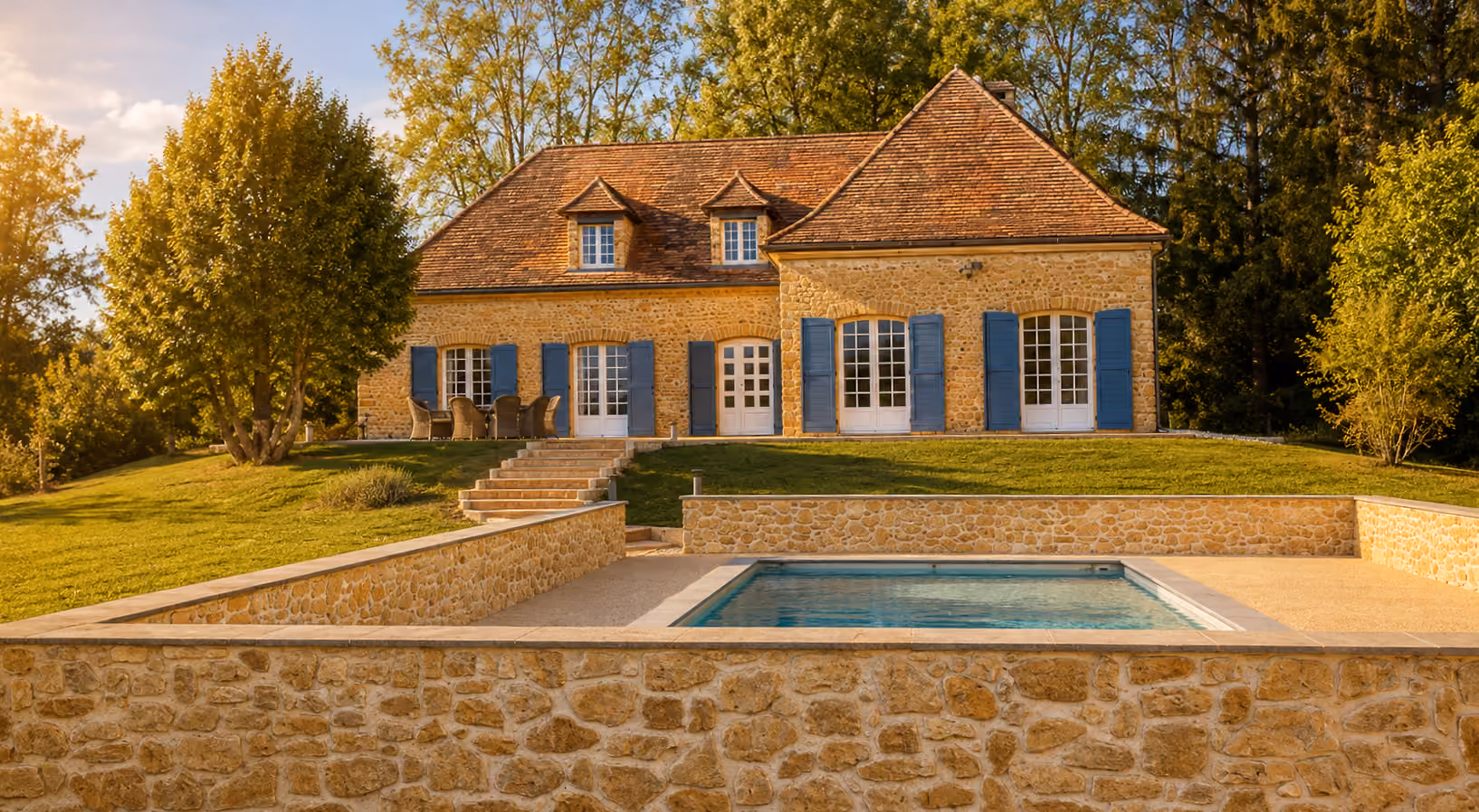 Maison Sérénité stone house, blue shutters and private pool