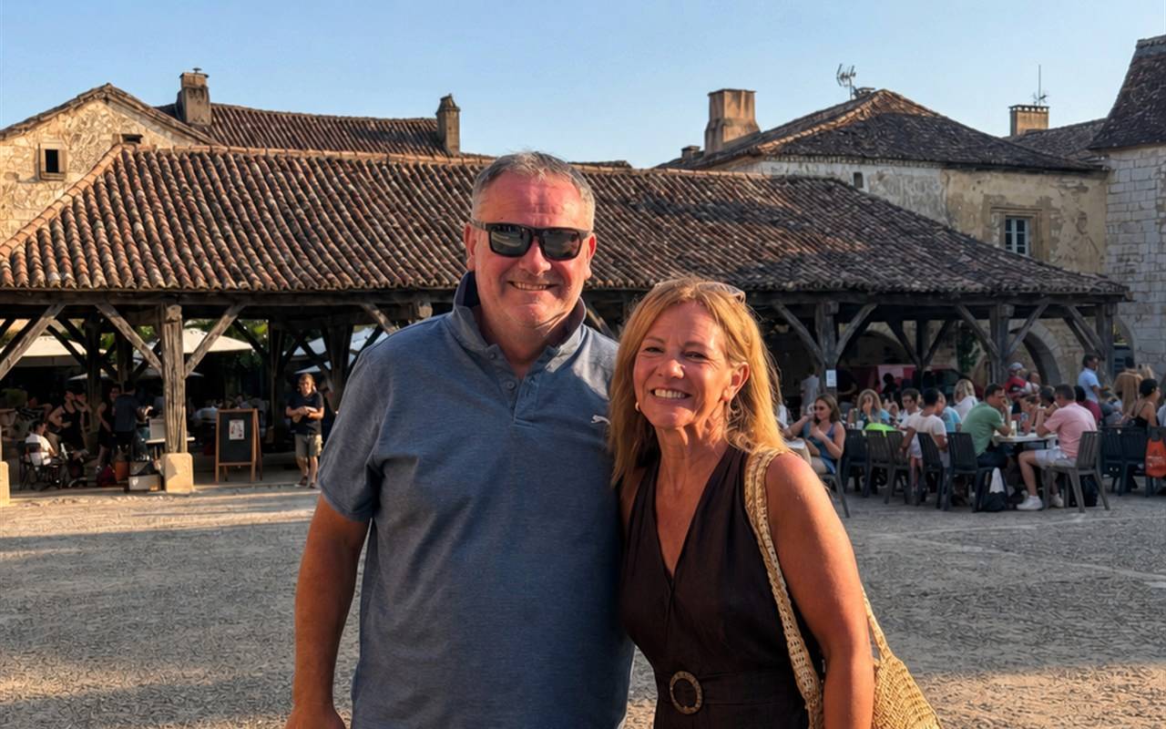 The hosts standing together in a sunlit village square, with a tiled market hall behind them